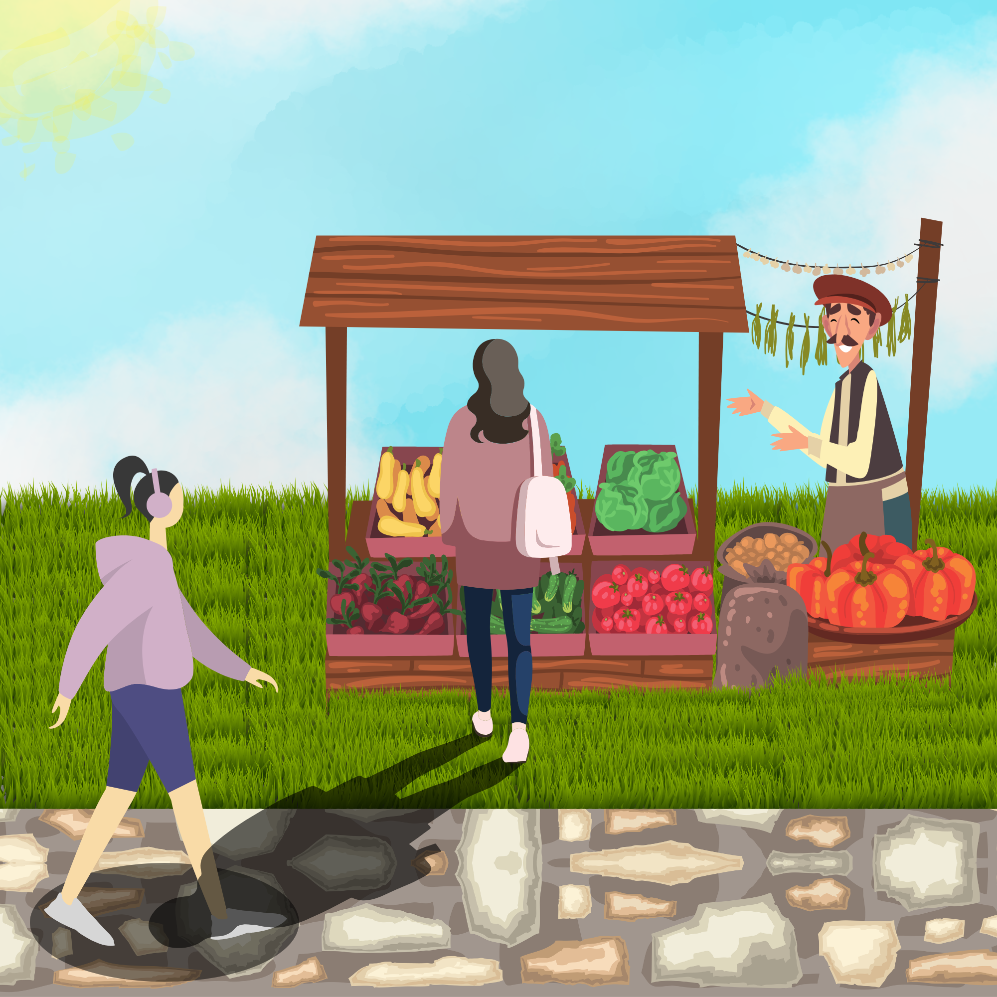 Woman At Farmer Market Stall Browsing Produce While Another Woman Walks Past